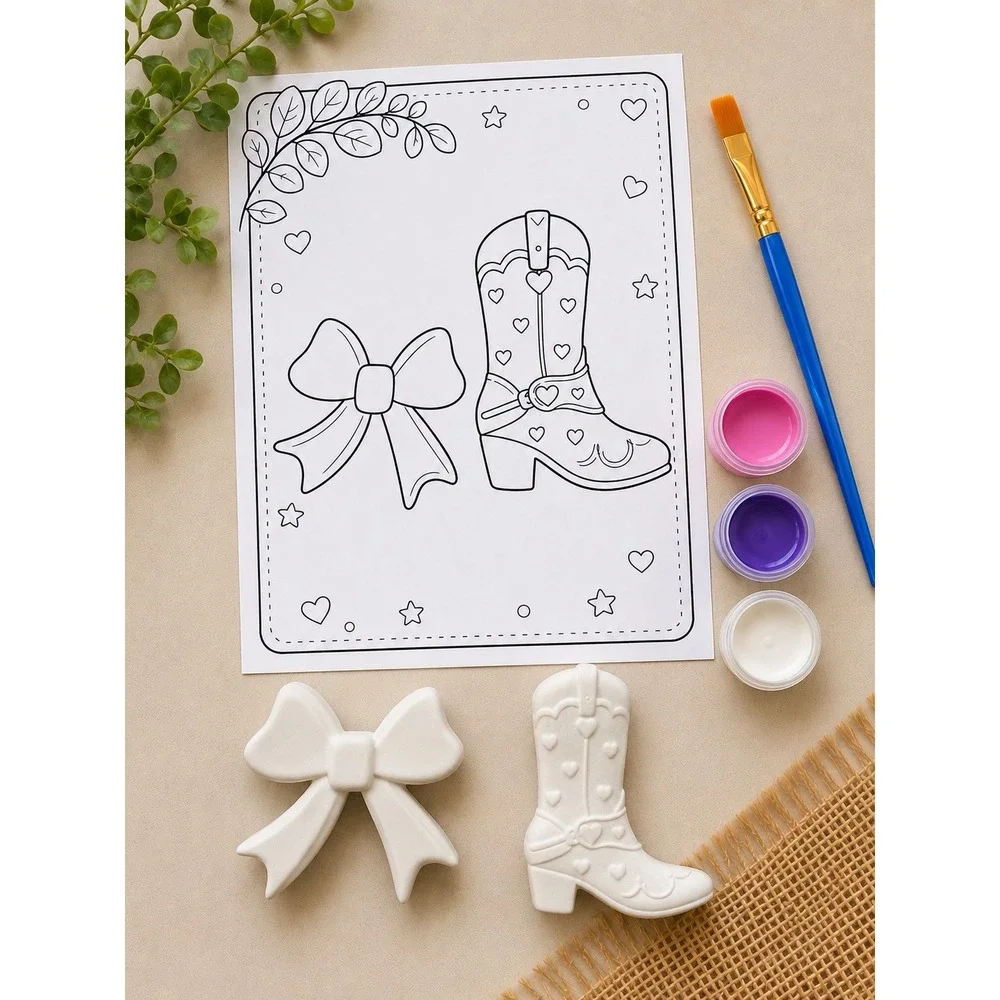 Handmade Cowboy Boot‎ and Bow Plaster Paint Kit Kids White New DIY Craft Set